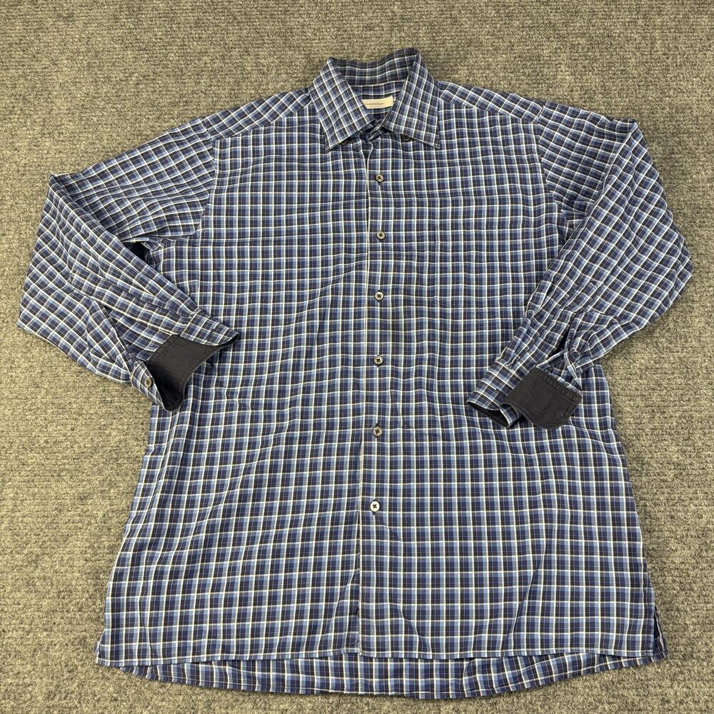 Ermenegildo Zegna Shirt Mens XL Blue Plaid Check Button Down Long Sleeve Dress